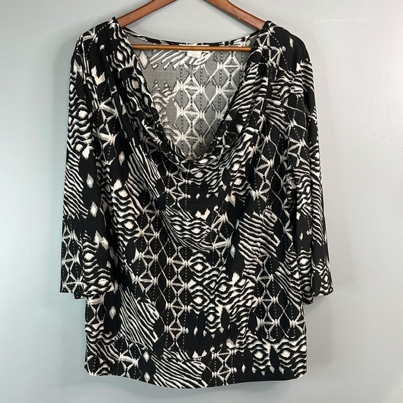 VINTAGE Tradition Printed Cowl Neck Top Black White Grey 3/4 Sleeves Pullover 2X - Picture 11 of 11